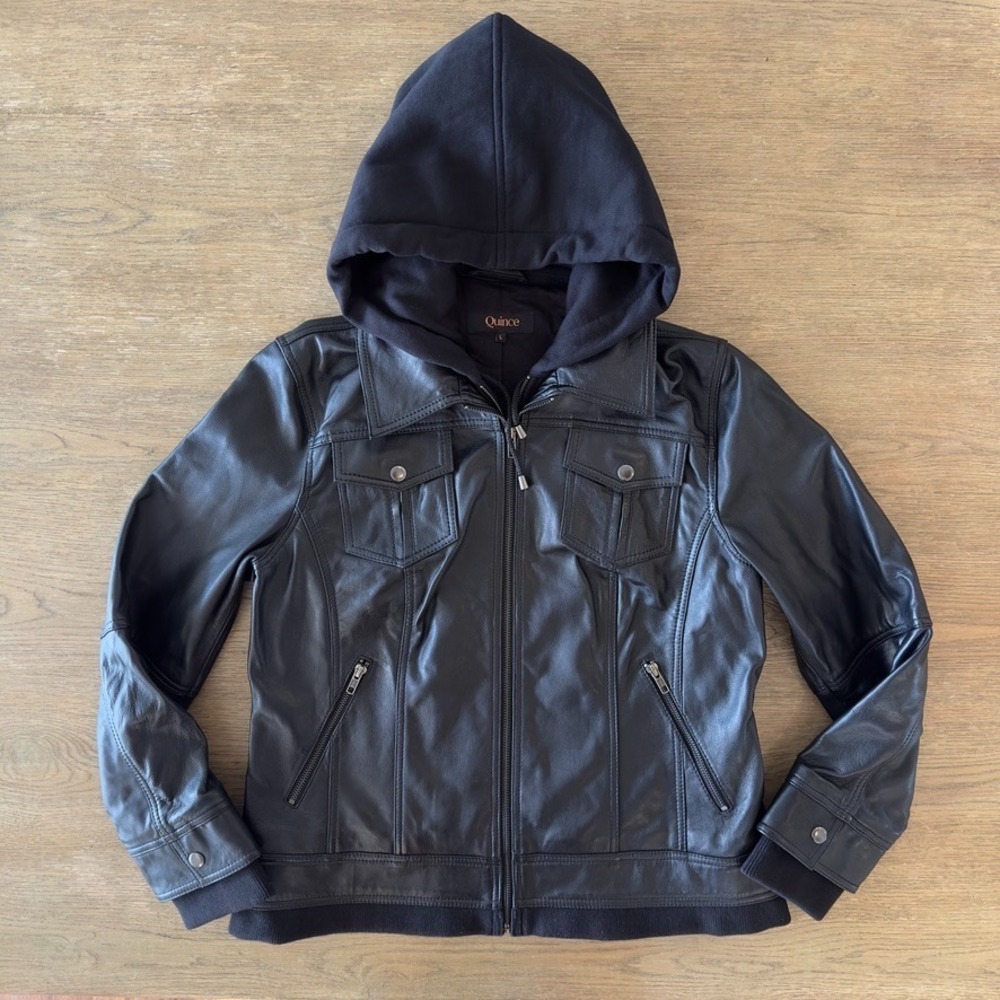 Quince 100% Soft Sheep Leather Moto Biker Jacket w/ Removable Hood-Black-Sz L